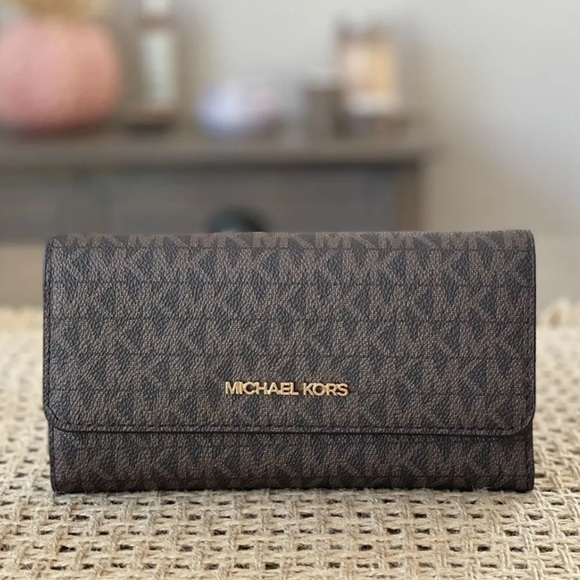 Michael Kors Jet Set Travel Large Trifold Wallet Signature MK Brown - Picture 6 of 6